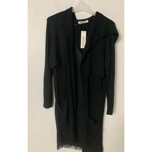 Anthropology Joelle Black Hooded Cardigan Sweater, Size S, Pockets & Frayed Hem